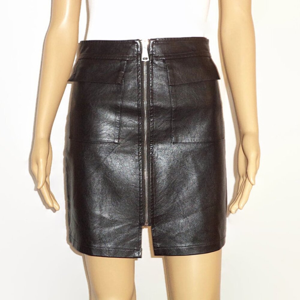 Black Genuine Leather Zip Front Miniskirt, Sz. S